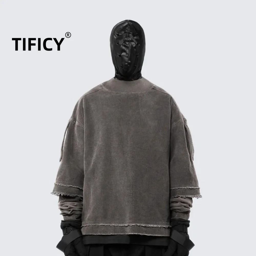 

High Street Tees T-shirts Tops Men's Dirty Dye Worn-out Long Sleeves Washed Water Vintage Fake Two Stir Fried Street T-shirts