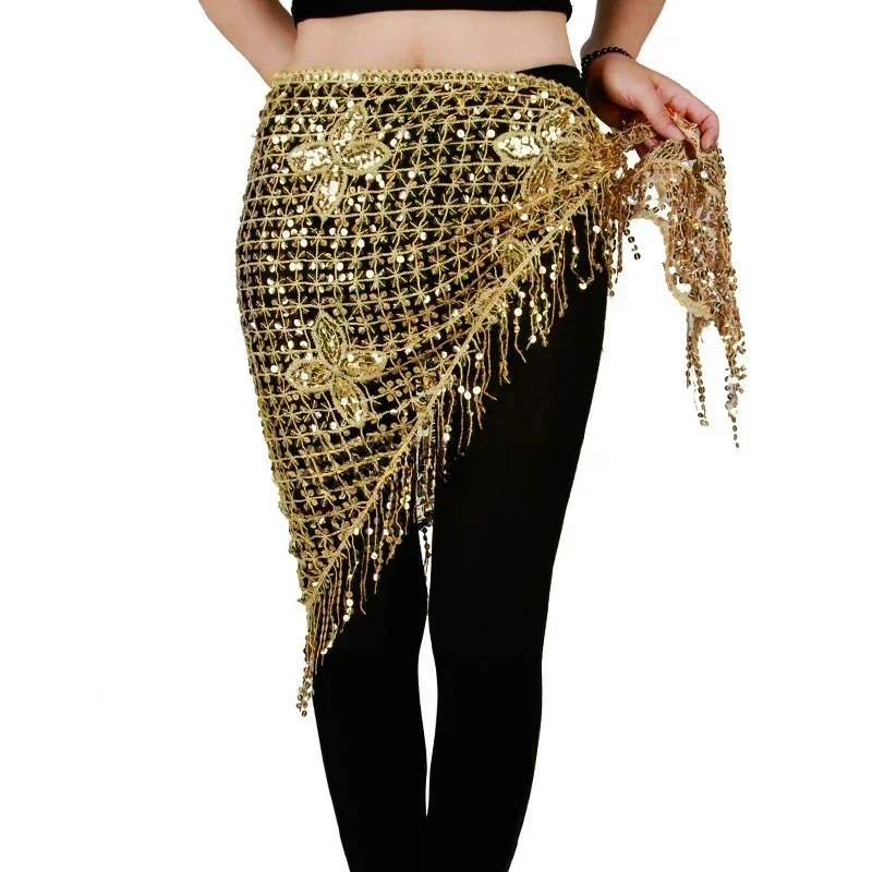 New Belly Dance Hip Scarf Stretchy Long Tassel Triangle Sequin Belly Dancing Stage Costume Belt Shawl Accessories Hand Crochet