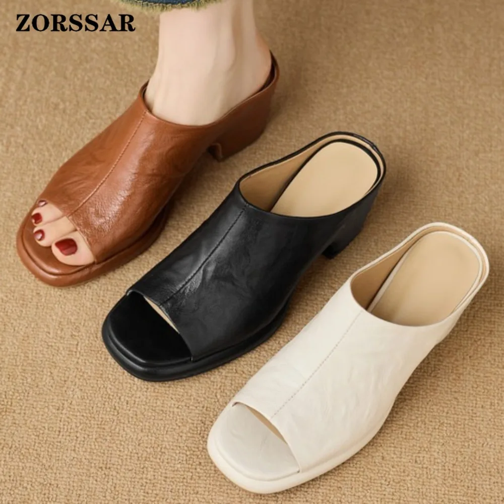 

Женские винтажные мюли на платформе с массивным каблуком, босоножки с открытым носком на толстом каблуке, повседневная летняя кожаная обувь для женщин на каждый день