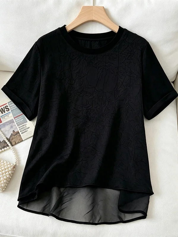 

plus Size Women's Fashion Splice Black Loose Slimming Short Sleeve Top Korean Style Commute Wind Summer New Arrival