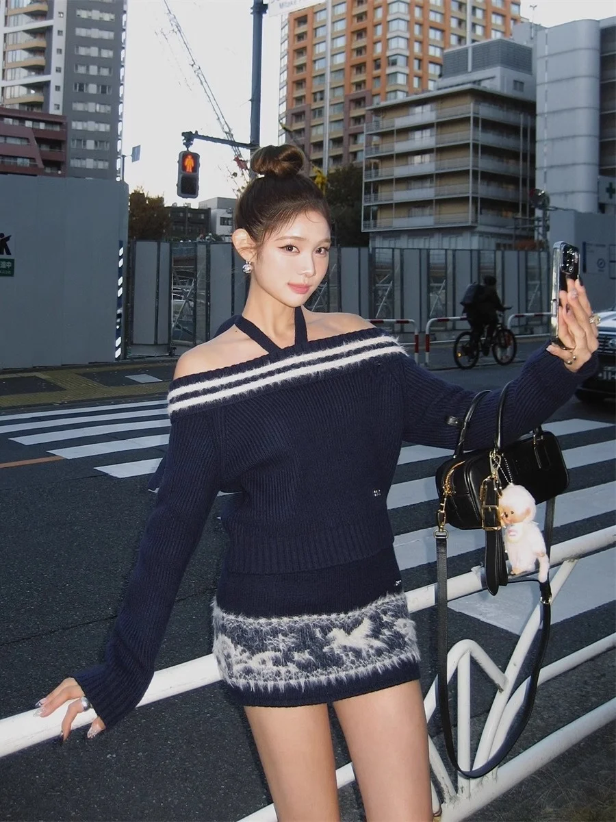 

Unique SEI Navy Blue Knitted oulder Bared Belted Top with f Skirt Two Piece Set Winter Commute Sle Regular Fit Long Sl...