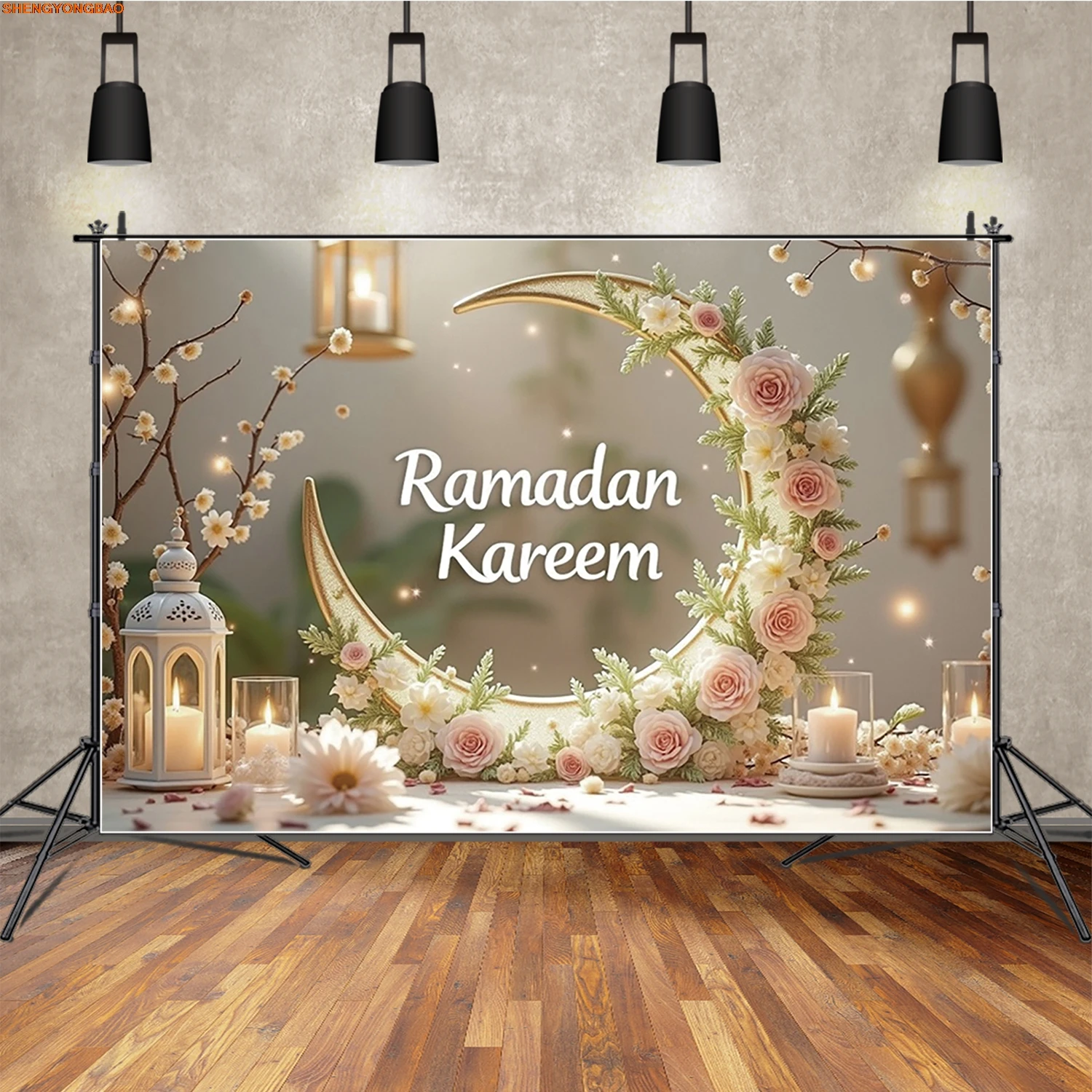 عيد الفطر خلفية التصوير الفوتوغرافي القمر الوردي الوردي الأبيض شمعة مهرجان خلفية راية استوديو الصورة