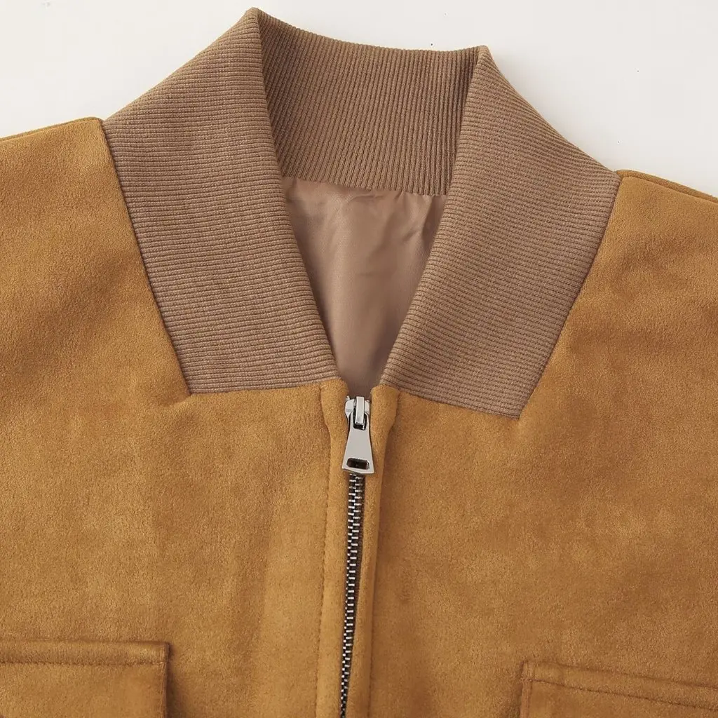 

Vintage Suede Brown Jacket for Women Double Pocket Street Workwear European And American Style Top