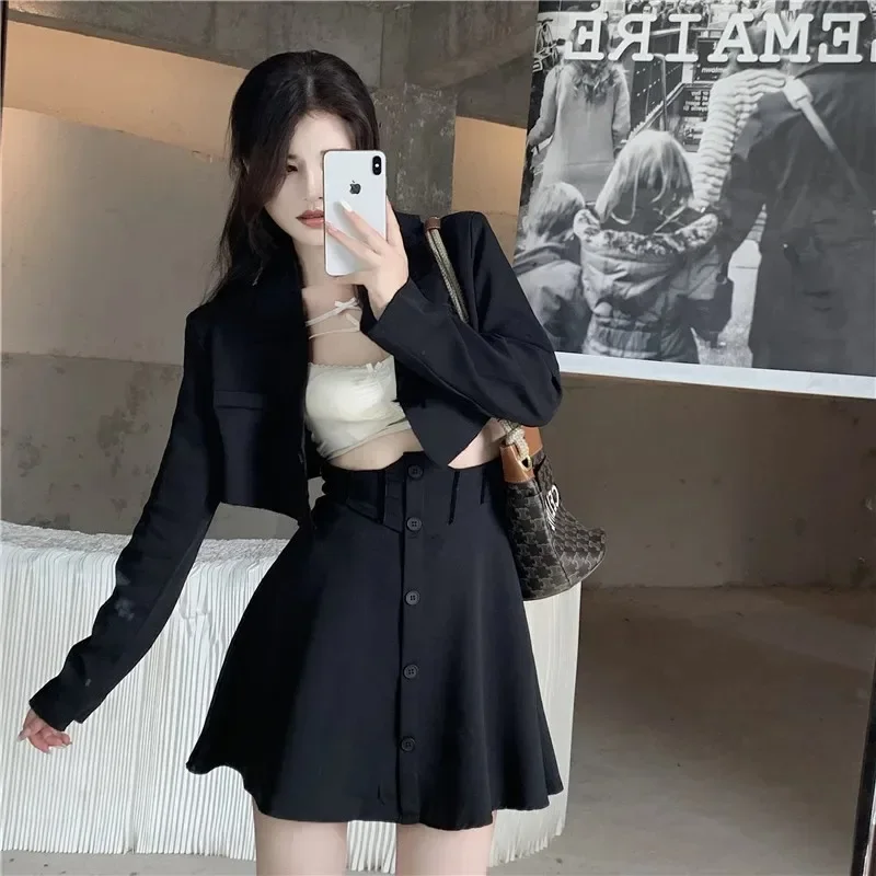 Insozkdg Spring Autumn Retro Casual Short Suit Coat Single Breasted Half Skirt Set Black Suit + Half Skirt Two Piece Sets Women