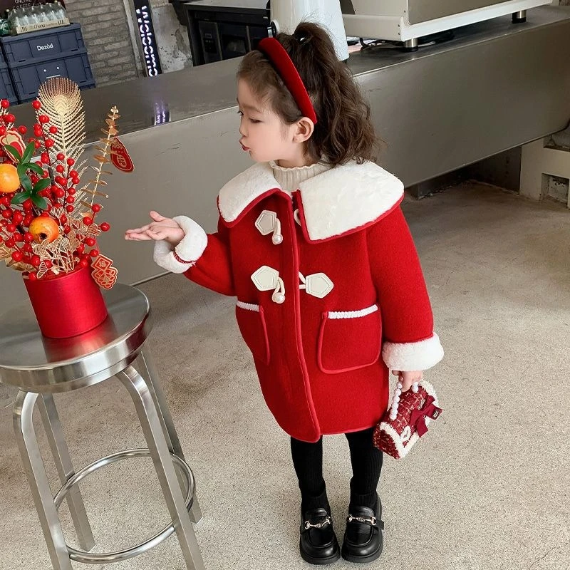 Girls' Fleece Lined Wool Coat 2025 New Winter Wear for Kids Red Festival Outfit Warm Children's Coat for New Year