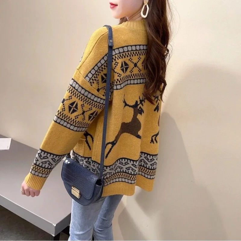 Women\'s V-neck Long Sleeve Vintage Fold Cartoon Sweater Spring and Autumn New Loose Fashion Pocket Button Knitted Cardigan Coat