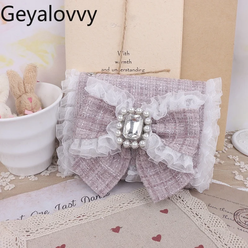 Handmade Japanese Style Sweet Cute Girls Lace Trim Big Bow Wallet Lolita Versatile Beaded Foldable Small Bag Purses