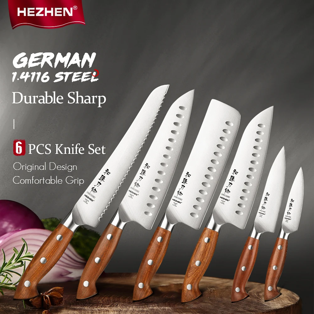 HEZHEN 6PC Chef Knife Set German 1.4116 Stainless Steel Sharp Cook Santoku Knife Gift Box Kitchen Utility Knife