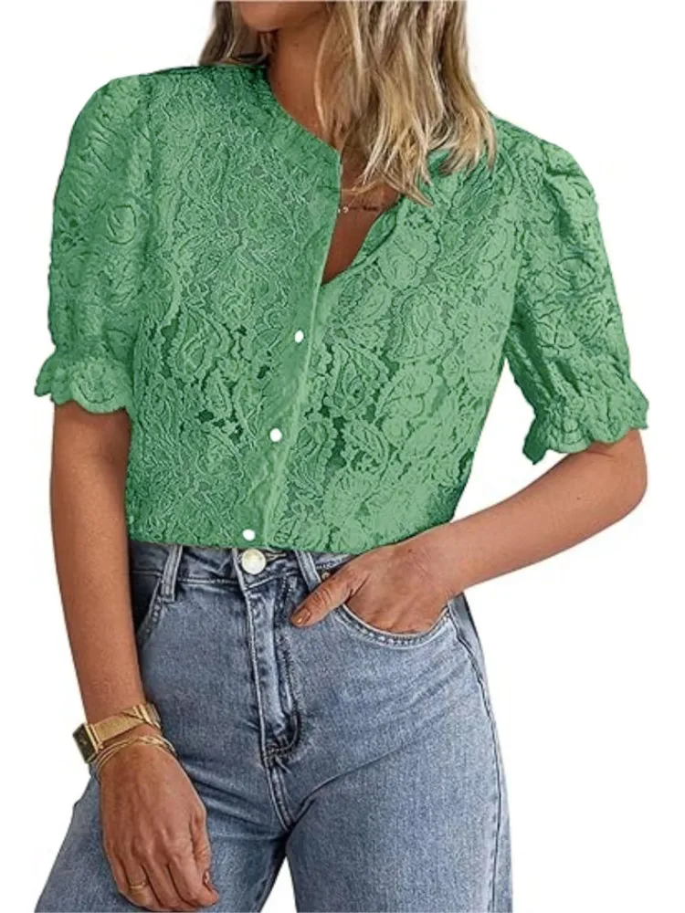 Camicia elegante in pizzo Top moda donna manica petalo bottoni camicie velate solide top Lady Casual ufficio abbigliamento donna estate novità