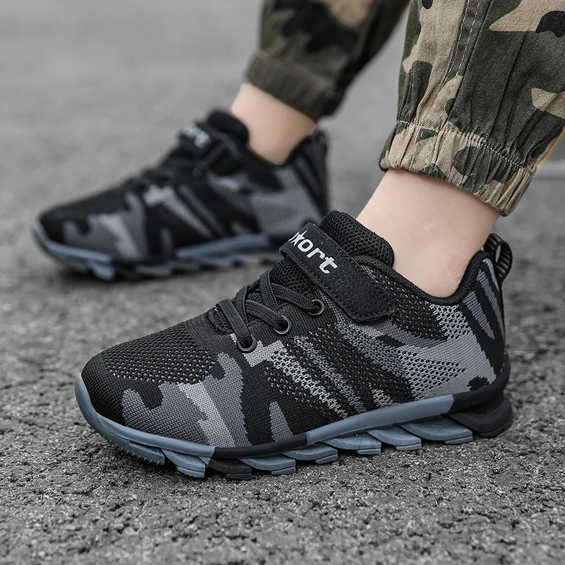 

Camouflage knitted kids running shoes army green casual training sneakers for students