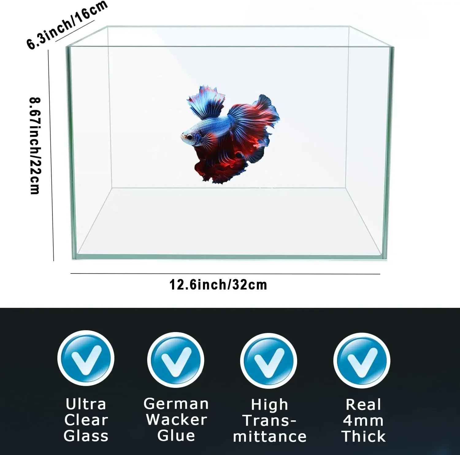 Acquario in nano vetro per pesci da 3 galloni 12,6" L, con piastra separatore per Betta, acquario quadrato multifunzionale con filtro, LED Li
