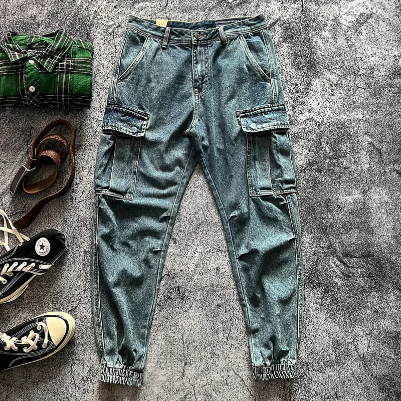 

Heavyweight Pure Cotton Japanese Style Vintage Pocket Workwear Casual Pants Faded Stone Grinding Wash Loose Trousers Harem Jeans