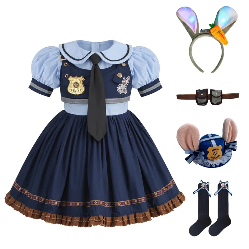 RT01 Zoo Movie Judy Cartoon Clothes Girl Police Woman Role Playing Dress 2PCS Korean Kids Rabbit Clothing Set*Jk2