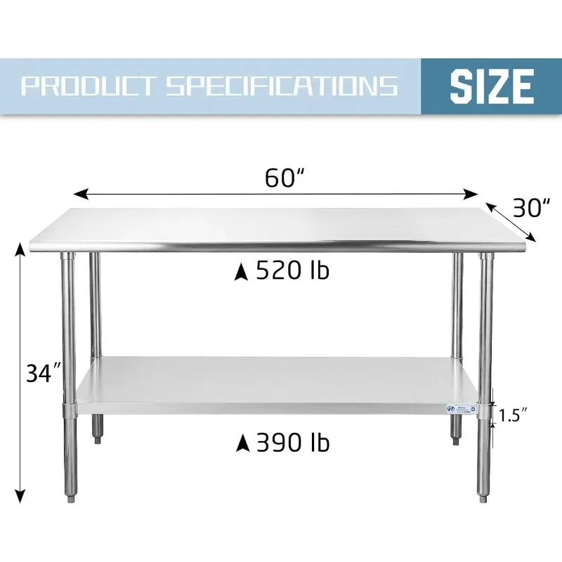 Stainless Steel Table for Prep & Work 30 x 60 Inches, NSF Commercial Heavy Duty Table with Undershelf and Galvanized Legs