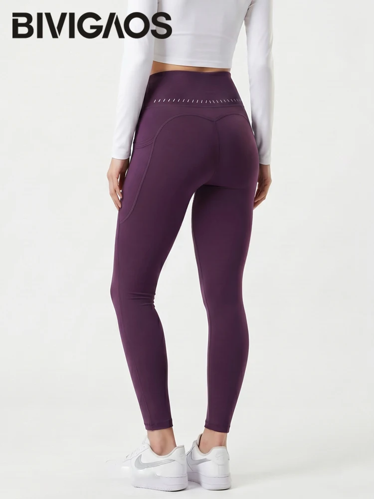 BIVIGAOS Spring Autumn Peach Butt Pocket Yoga Leggings Women High Waist Tight Stretch Sport Fitness Running Sharkskin Leggings