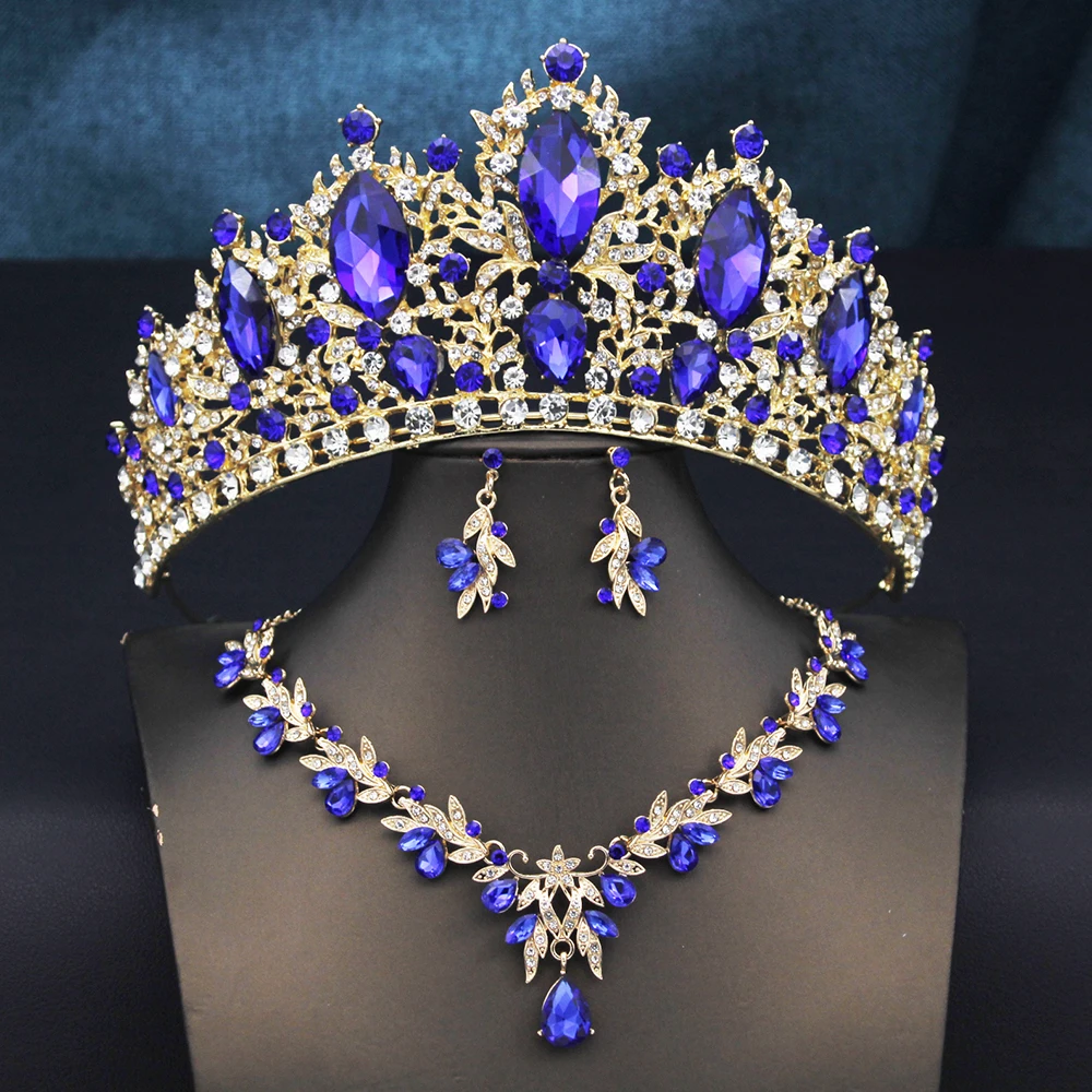 Vintage Baroque Rhinestone Crown Jewelry Set Luxury Crystal Tiara Necklace Earrings for Women Wedding Prom Pageant Birthday Part image 5