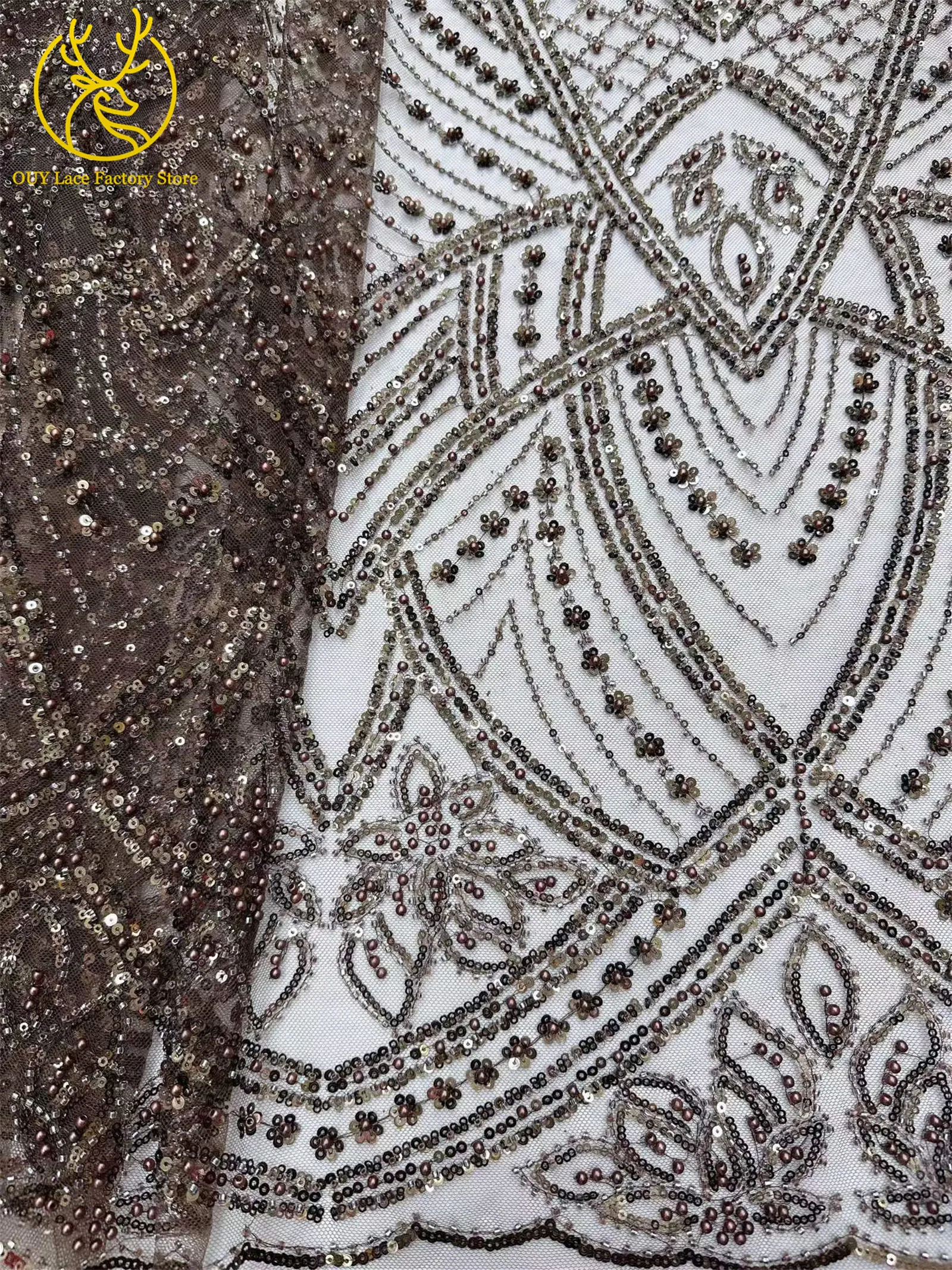 Luxuriöser orangefarbener afrikanischer Perlen-Mesh-Spitzenstoff, 5 Yards, bestickte Pailletten-Spitze, französische Tüllspitze für nigerianisches Hochzeitskleid – Detail 23