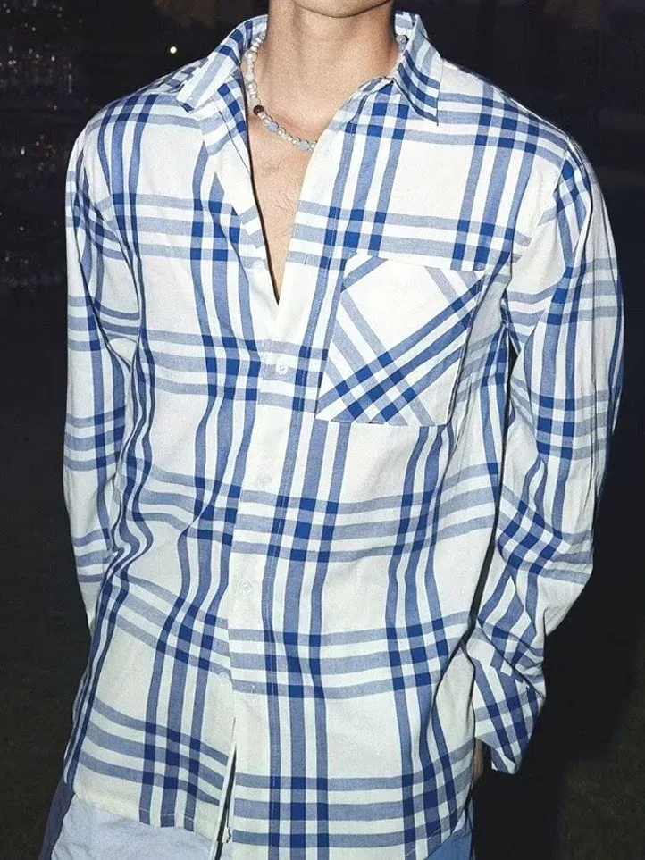 

American Retro Plaid irt Men's ket Loose Long Sve Casual Workwear Blue Stripes Leisure Faionable Button up Top