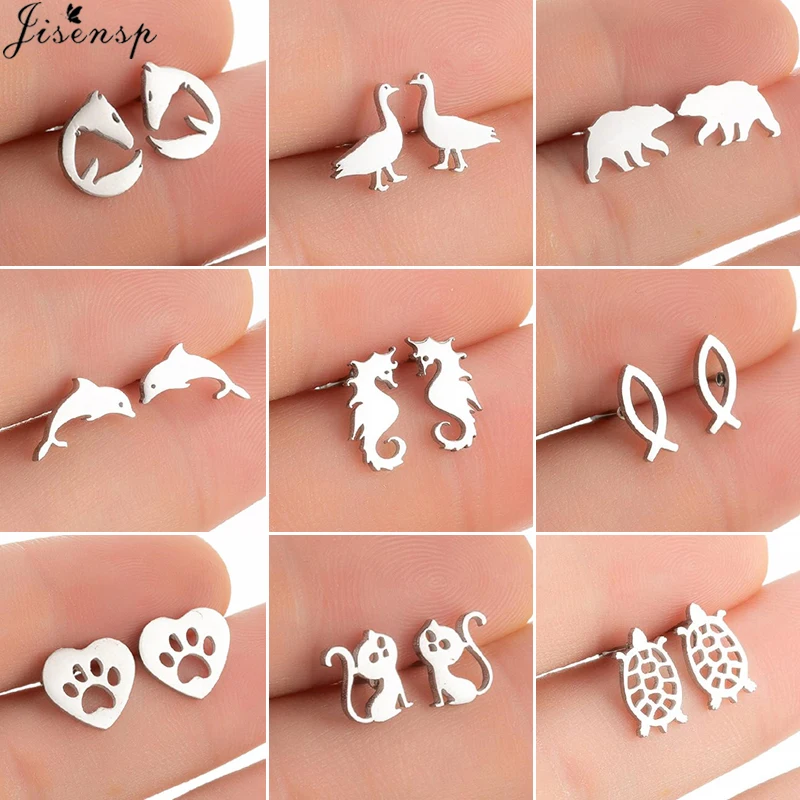 Tiny Stainless Steel Animal Stud Earrings Cartoon Horse Goose Dolphin Octopus Cat Dog Paw Earings Women Fashion Jewelry 2024