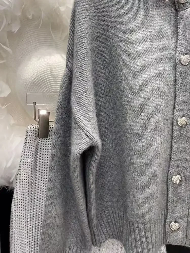 Sweaters for Women Heavy Diamond Knitted Cardigan Grey Tops Winter Clothes  Pull Femme Love Jacket Feminino