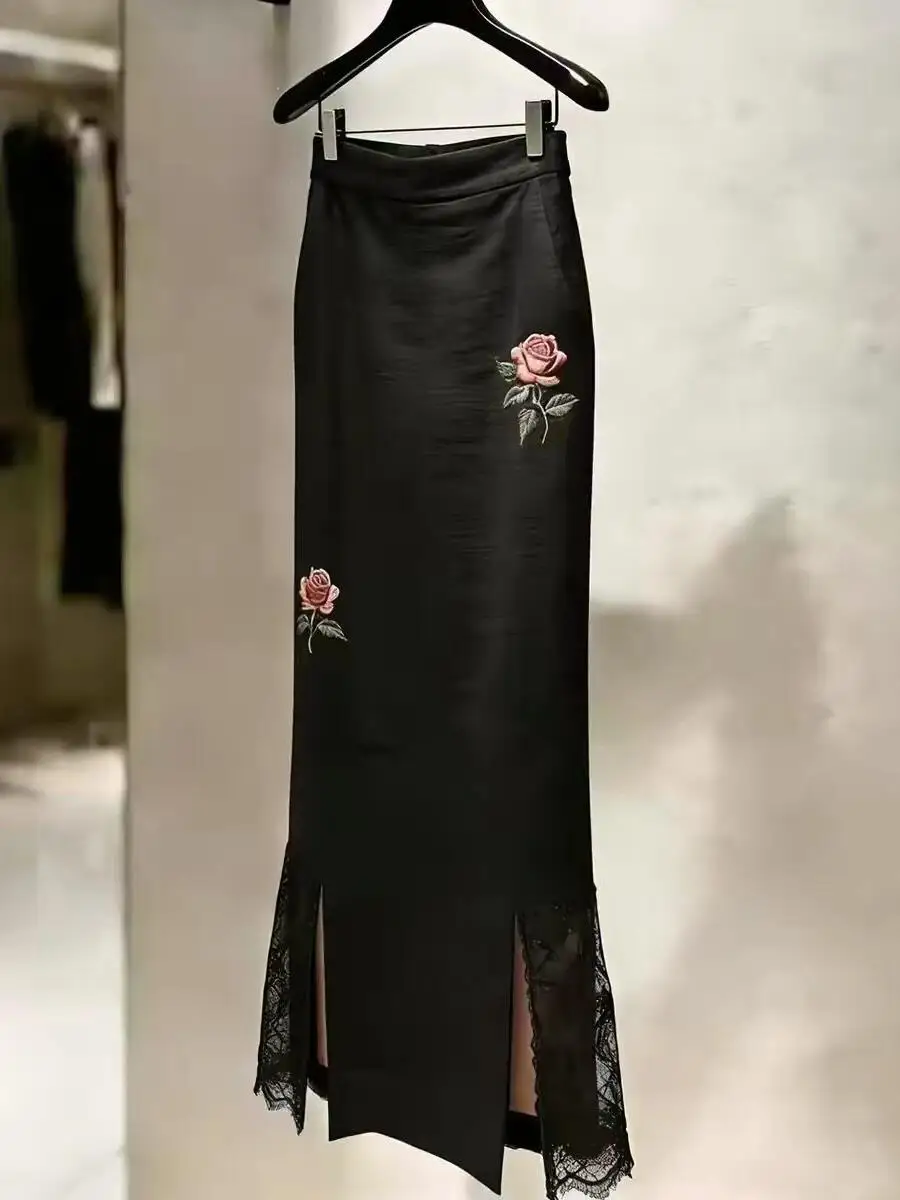 

Elegant High Waist A-Line Skirt with Lace Embroidery And Side Split for Women Breathable Comfortable Lace Fabric