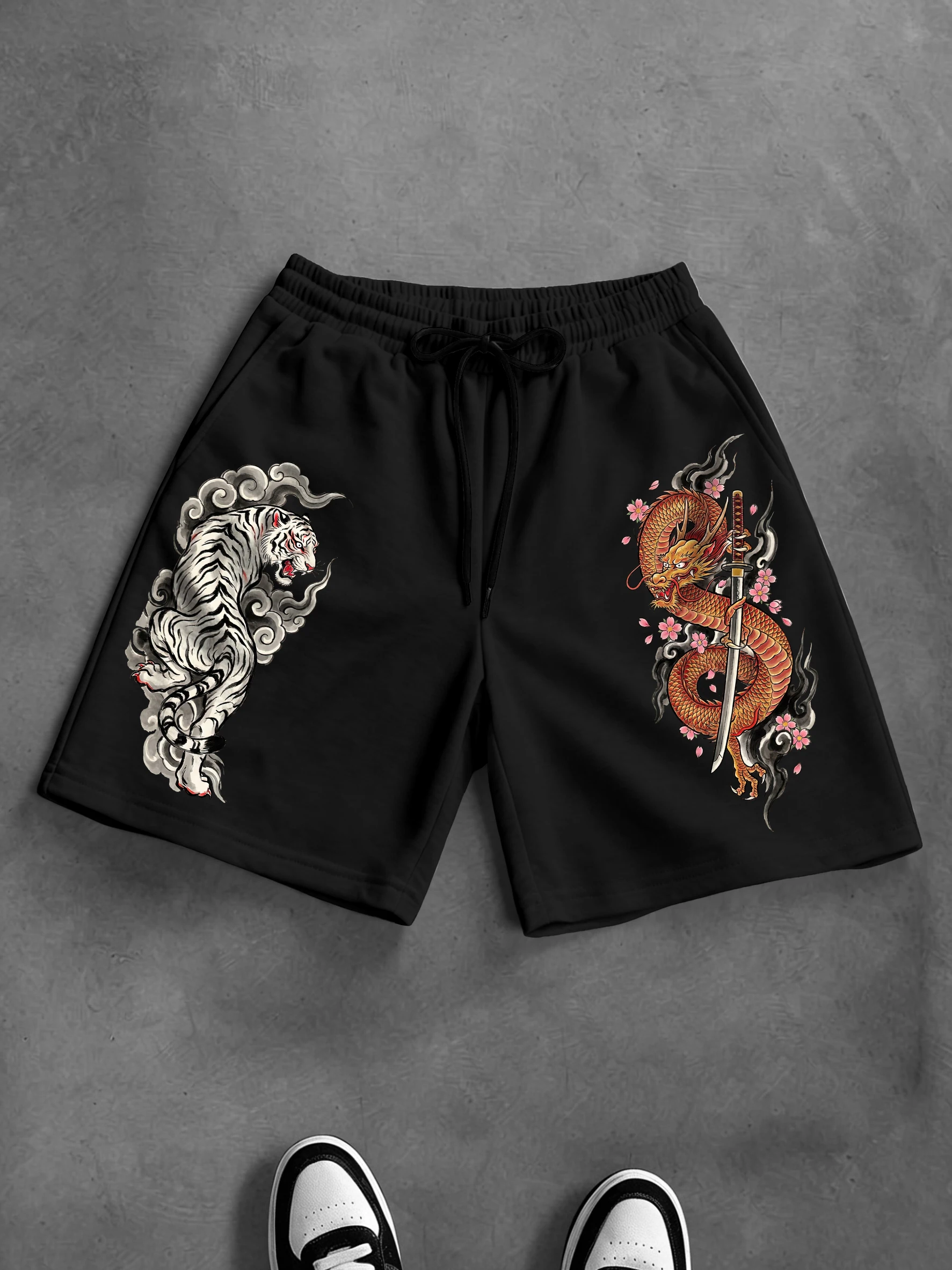 

Men's Oversized Streetwear Shorts Brand Japanese Tiger Dragon Samurai Sword Cherry Blossom Print Polyester Casual Shorts S-2XL