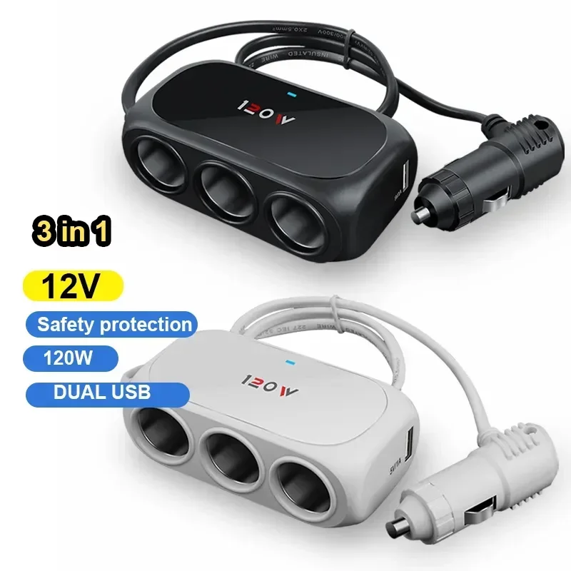 120W 3 in 1 Dual USB Socket Car Cigarette Lighter Adapte 12V 24V Splitter LED Fast Charger Plug Adapter for IPhone GPS Dashcam