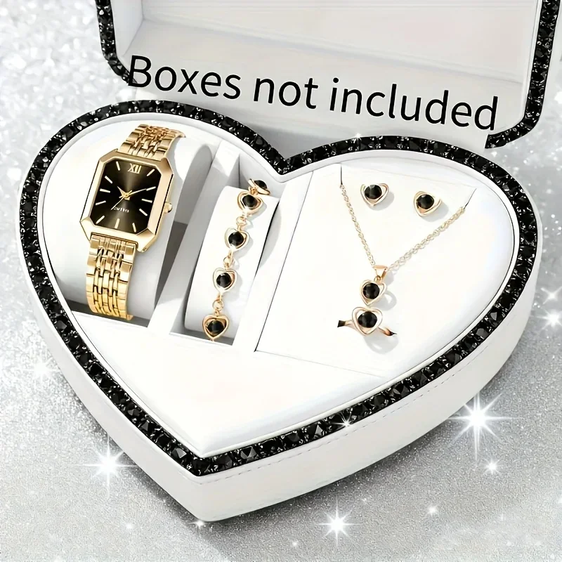 4Pcs Women Gold Watch Set Green Dial Square Quartz Wristwatch Heart Rhinestone Bracelet Necklace Earring Ladies Jewelry Set gallery 3