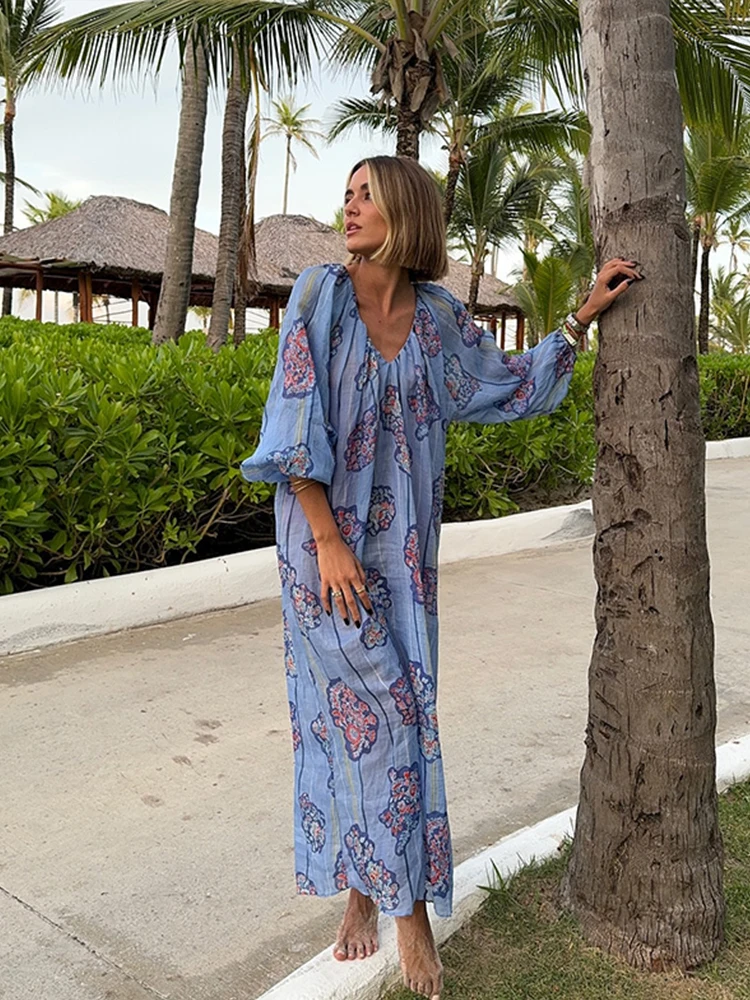 Printed V Neck Women Dresses Loose Half Sleeve Lady Dress 2024 Beach Holiday Fashion Elegant Summer Straight Female Party Robe