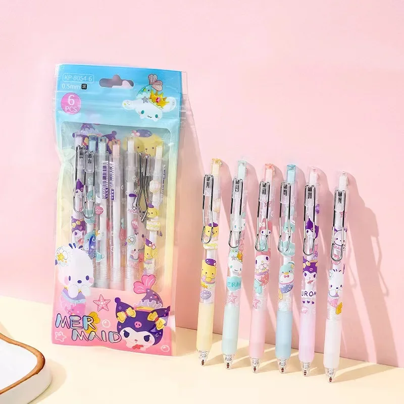 6 Teile/satz Meerjungfrau Sanrio Gel Stifte Set Mymelody Kuromi Cinnamoroll Pochacco Kawaii 0,5mm Kugelschreiber Schwarz Tinte Presse Stift