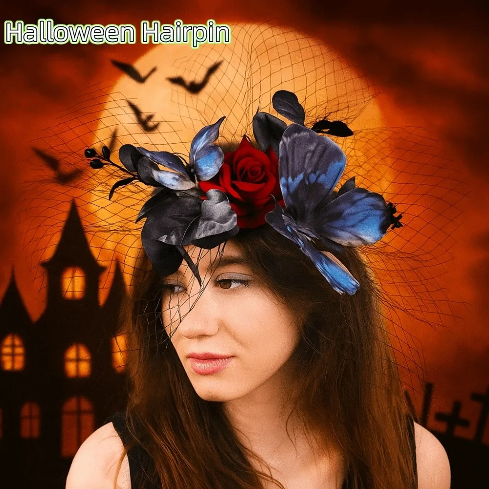 

Dress Up Props Unique Halloween Hairpin Fashion Elegant Rose Hairpin Decorative Mesh Headpiece Halloween Party