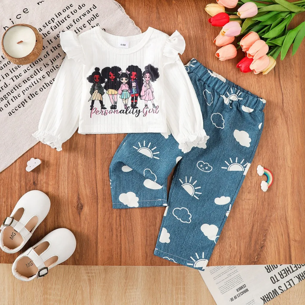 6 To 3 Years Old Girl's White Long Sleeved Top+Blue Cloud Jeans Outfits Cartoon Girl Print Baby Clothes Set Autumn Clothing