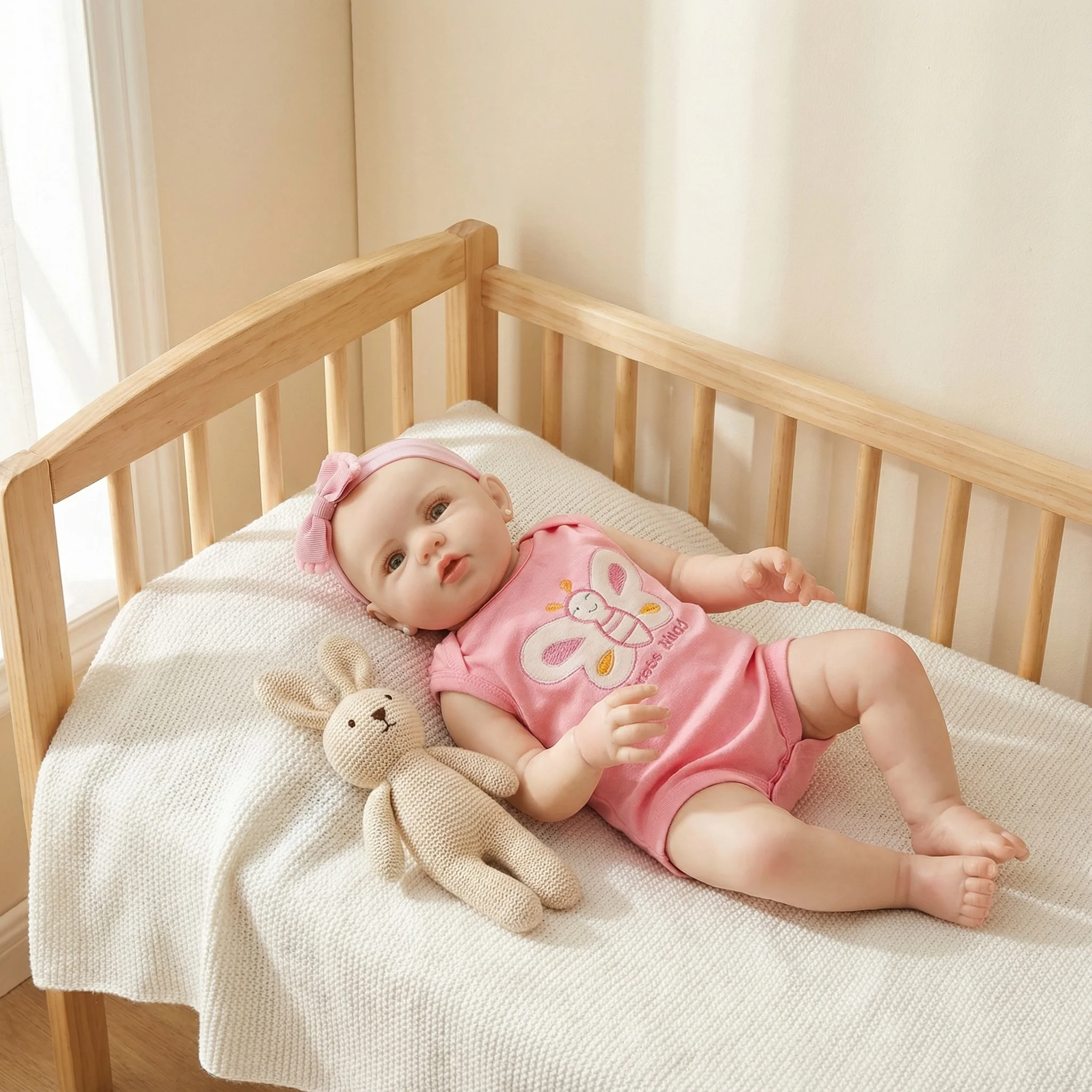 NPK 19-Zoll lebensechte wiedergeborene Kleinkind-Babypuppe Abigail mit grünen Augen Vollvinyl weicher Körper rosa Stoff Mädchenspielzeug