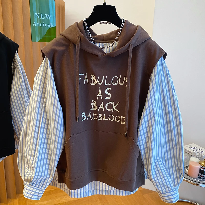 

Рубашка-худи в полоску больших размеров, с эффектом двухслойности, свободного кроя, для мужчин и женщин, весна-осень, новый стиль, повседневная, из полиэстера.