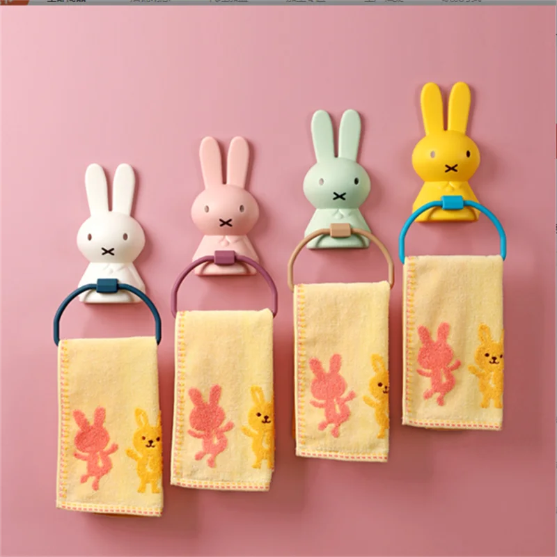 Multi functional and minimalist bathroom children\'s towel rack cartoon rabbit single pole non perforated towel rack