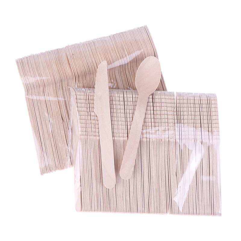 

100 Pcs Disposable Wooden Cutlery Forks/Spoons/Cutters Knife Party Supplies Kitchen Utensil Dessert Tableware Packing Set