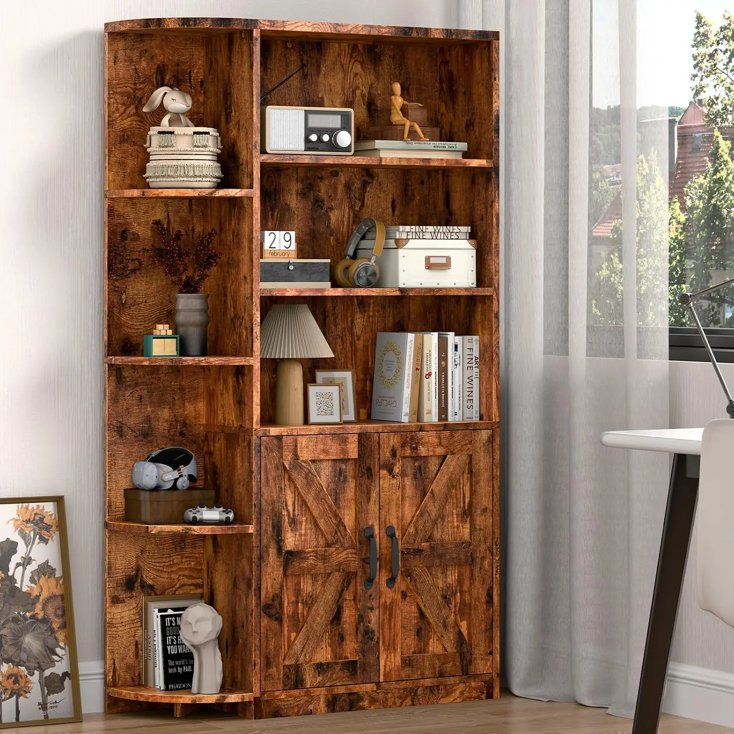 Corner Bookshelf with Cabinet Doors & Adjustable Shelf, Wood Storage Cabinet for Living Room Office Study, Brown, Customized