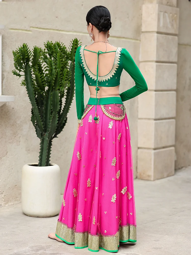 Female Indian Traditional Dance Dress Long Sleeve Tops Skirt Bollywood Dance Saree Veil Suit Belly Dance Stage Clothing DQL10102 view 4