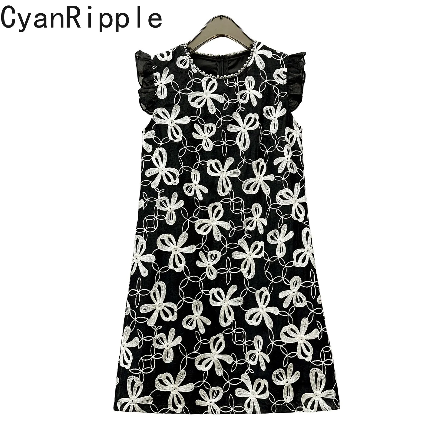 

High Quality New Summer Embroidery Black Fly Sleeve Short A-line Dress Luxury Beading Round Neck Elegant Women Party Dresses