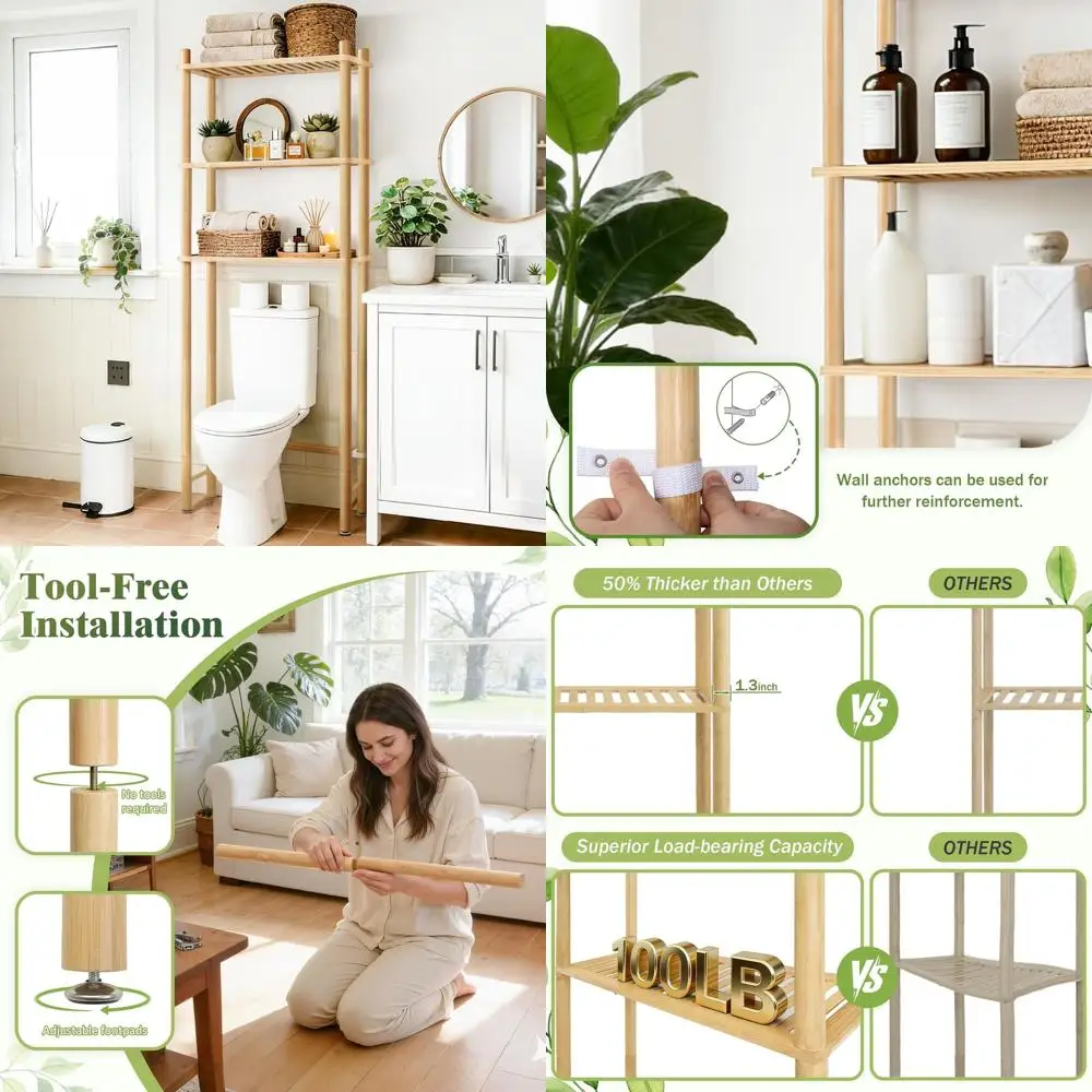 

3-Tier Bamboo Toilet Storage Shelf, Heavy-Duty Wall-Mounted Bathroom Organizer, Space-Saving Design