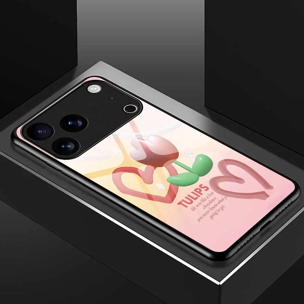 حافظة هاتف على شكل قلب توليب لهاتف آيفون 17 16 15 14 13 12 11 Pro Max 12 Mini 16 Plus 17 Air 17Pro Max غطاء من الزجاج المقسى كابا