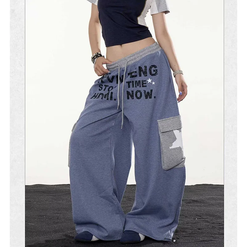 Women New Autumn Contrast‑Color Striped Letter‑Print Sweatpant Lady Lazy‑Vibe Drawstring Wide‑Leg Casual Long Trousers
