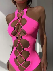 Hollow Out Swimwear Women 2022 High Neck Solid Black Cut Out Backless Monokini Bandage Bathing Suit Holiday One Piece Swimsuit