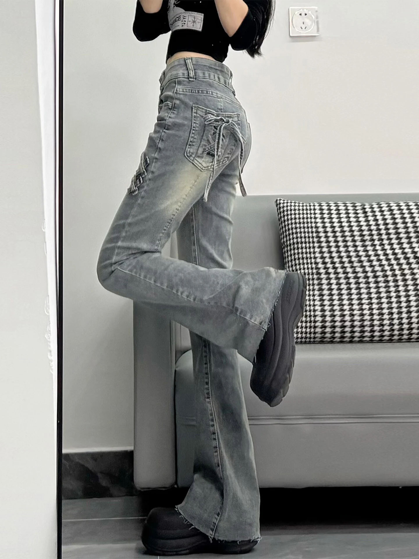 Damskie jeansy w stylu retro, wyszczuplające, z podwójnym wiązaniem, z wysokim stanem, elastyczne, rozszerzane, długie do podłogi.