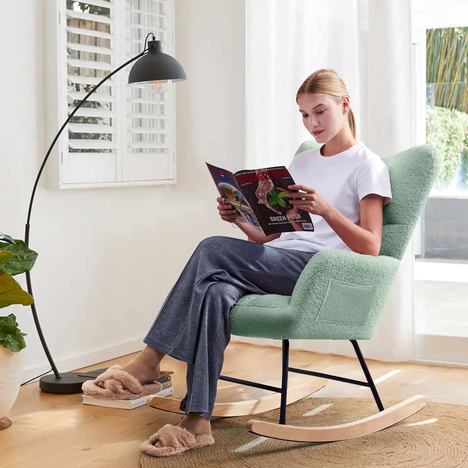 

Soarflash Nursery Rocking Chair Teddy Fabric Glider Chair Upholstered Rocker Accent Armchair With High Backrest And Solid Wood