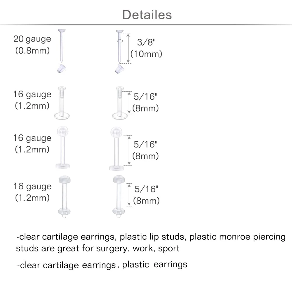 6PCS/1pcs 16G 20G Plastic Nose Rings Clear Nose Stud Work Surgery Studs Nose Piercing Sports Cartilage Earrings Lip Piercing