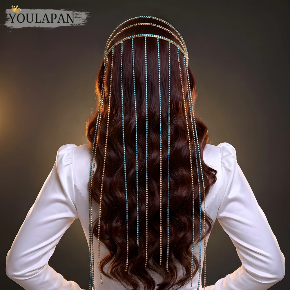 HNCCX Bridal Rhinestone Headband Fashion Long Tassel Women's Hair Chain Three Row Hair Hoop Design Wedding Hair Accessory A23