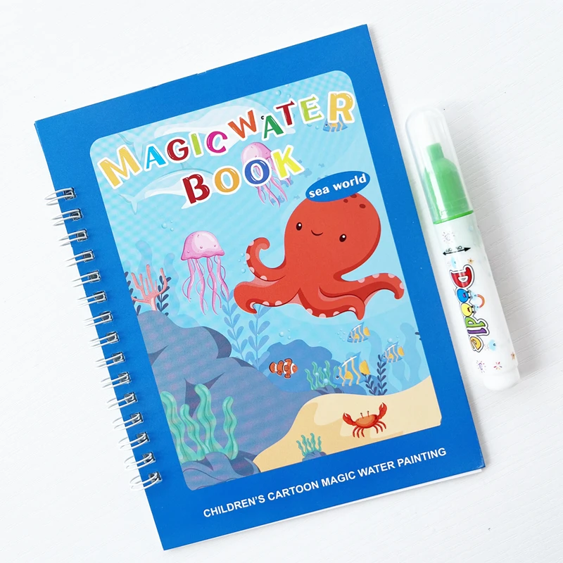 Wiederverwendbares Zauberbuch zum Wasserzeichnen – Malset zum Thema Wasser für Kinder mit Aufklebern, 2-in-1-Spaß zum Ausmalen und Aufklebern