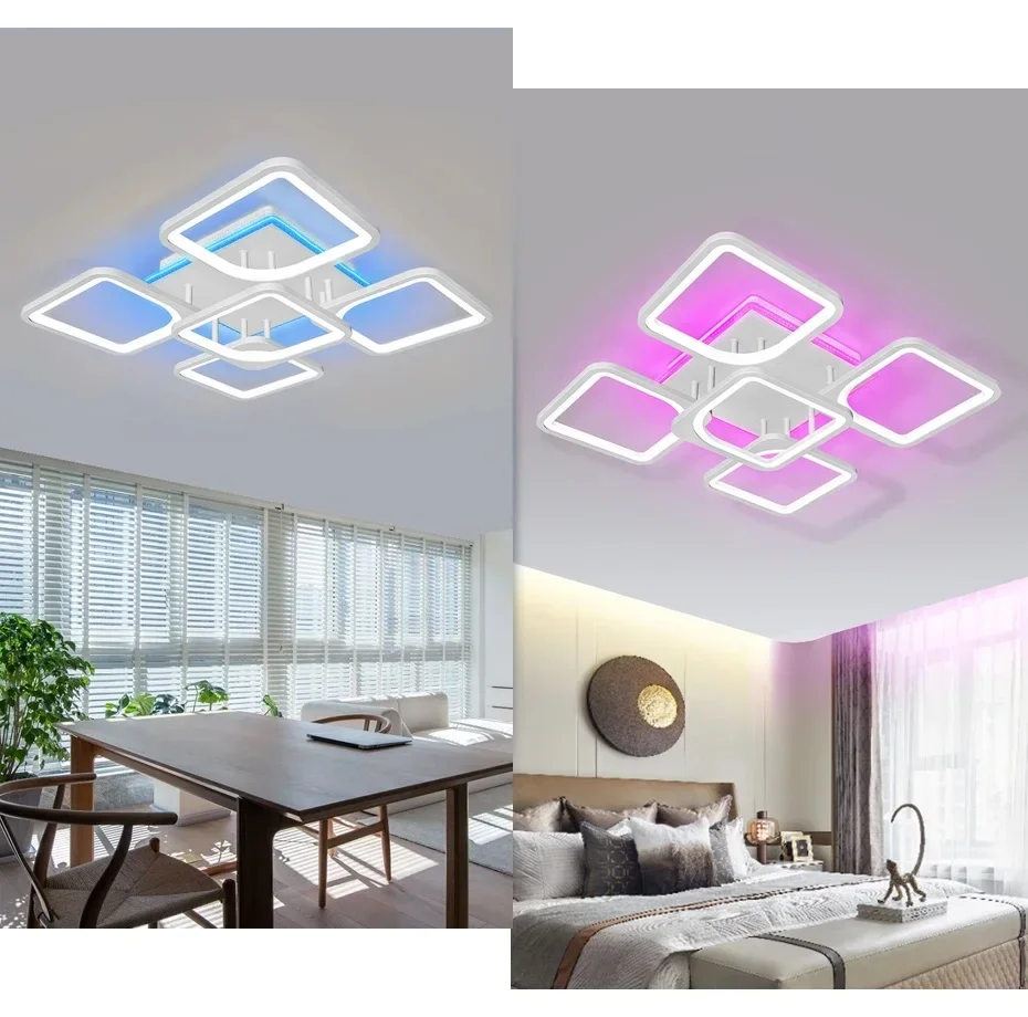 Modern Smart Ceiling Lamp Dimmable LED Square Chandelier with Remote Control for Living Dining Room Kitchen Bedroom Decor