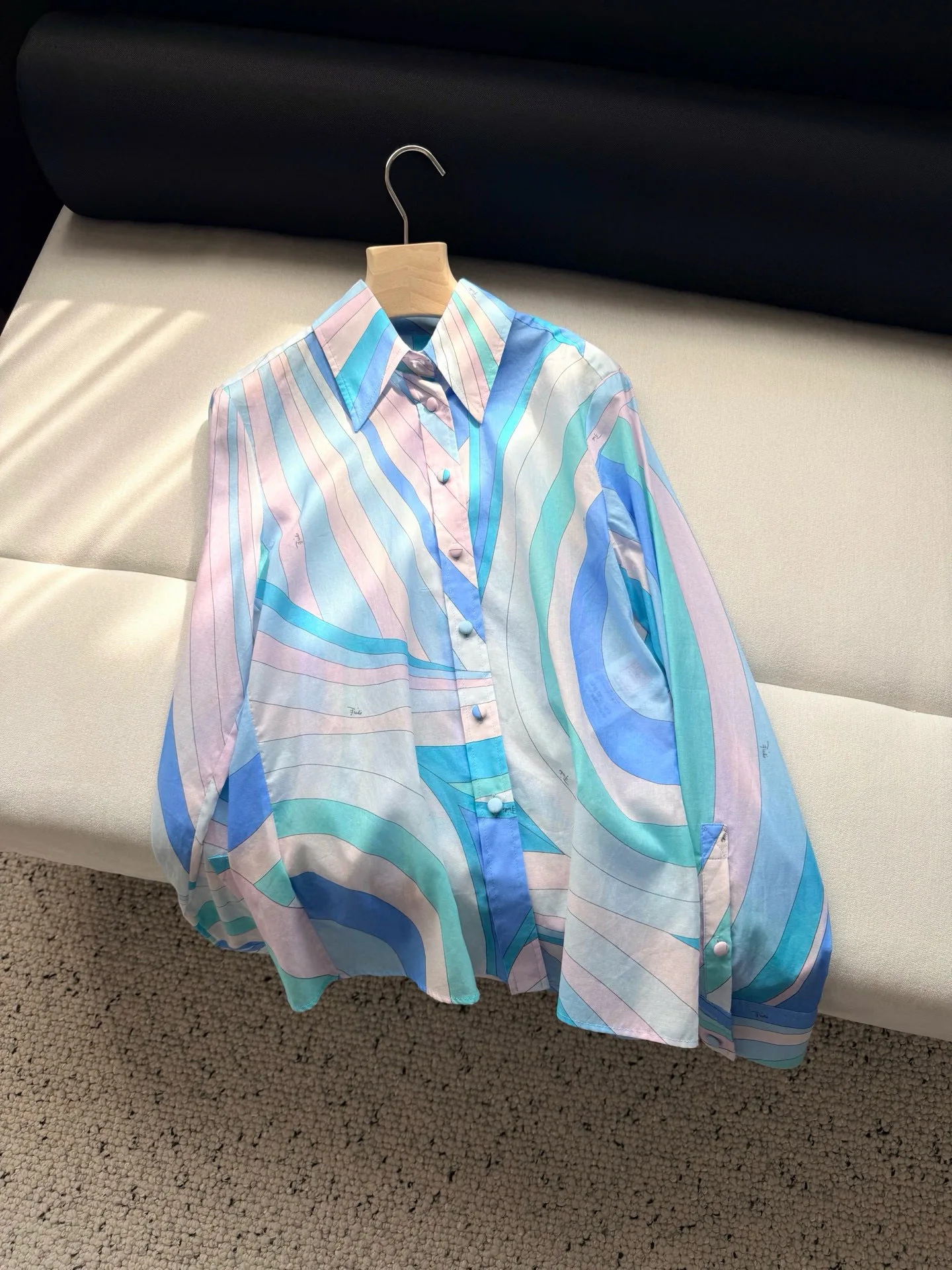

Vintage Print Long Sleeve Shirt for Women Pastel Color Block Wavy Print Button Down Blouse Summer Casual Vacation Top Cotton New